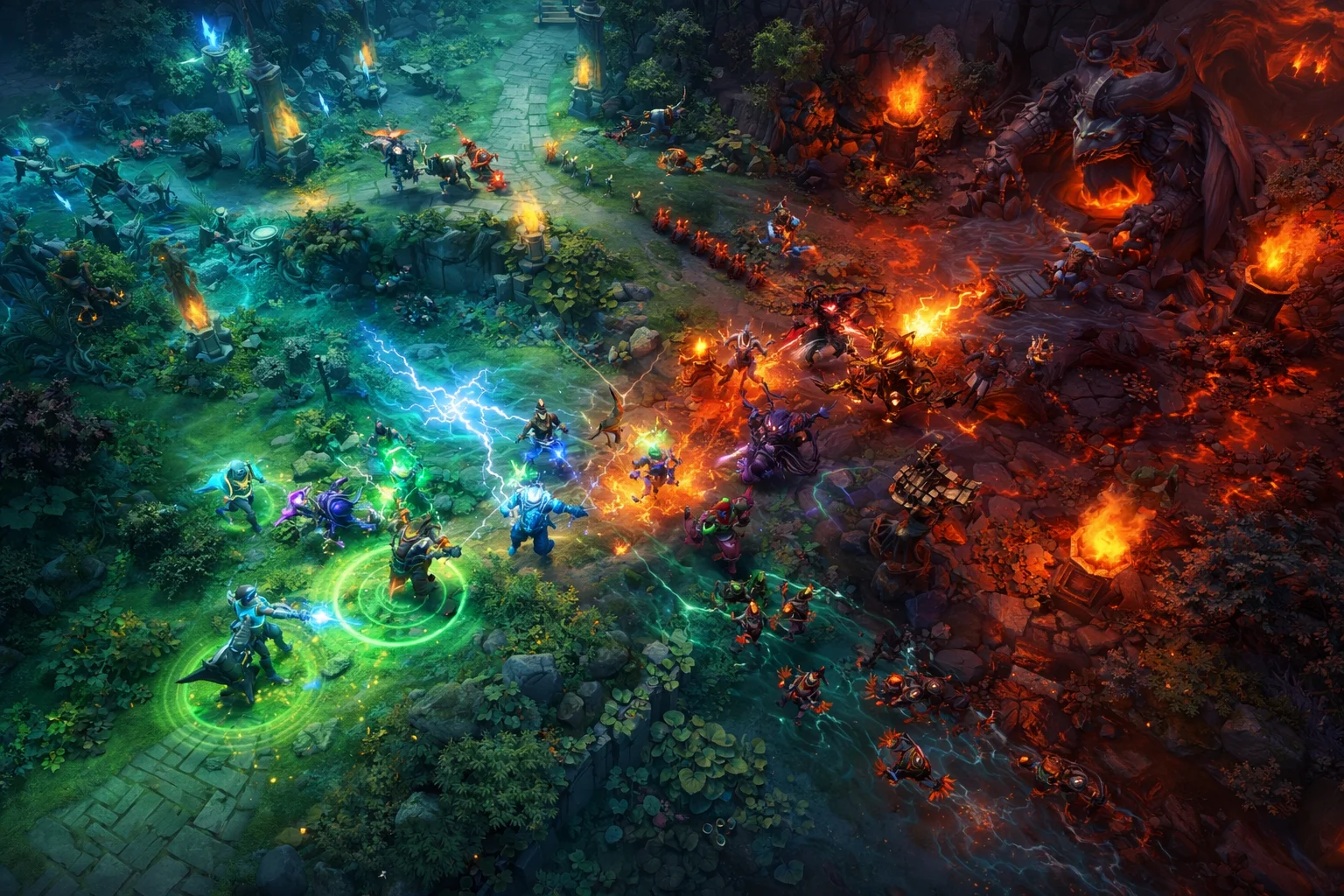 Fünf Dota 2 Helden im Teamkampf auf einer der drei Lanes der Spielkarte