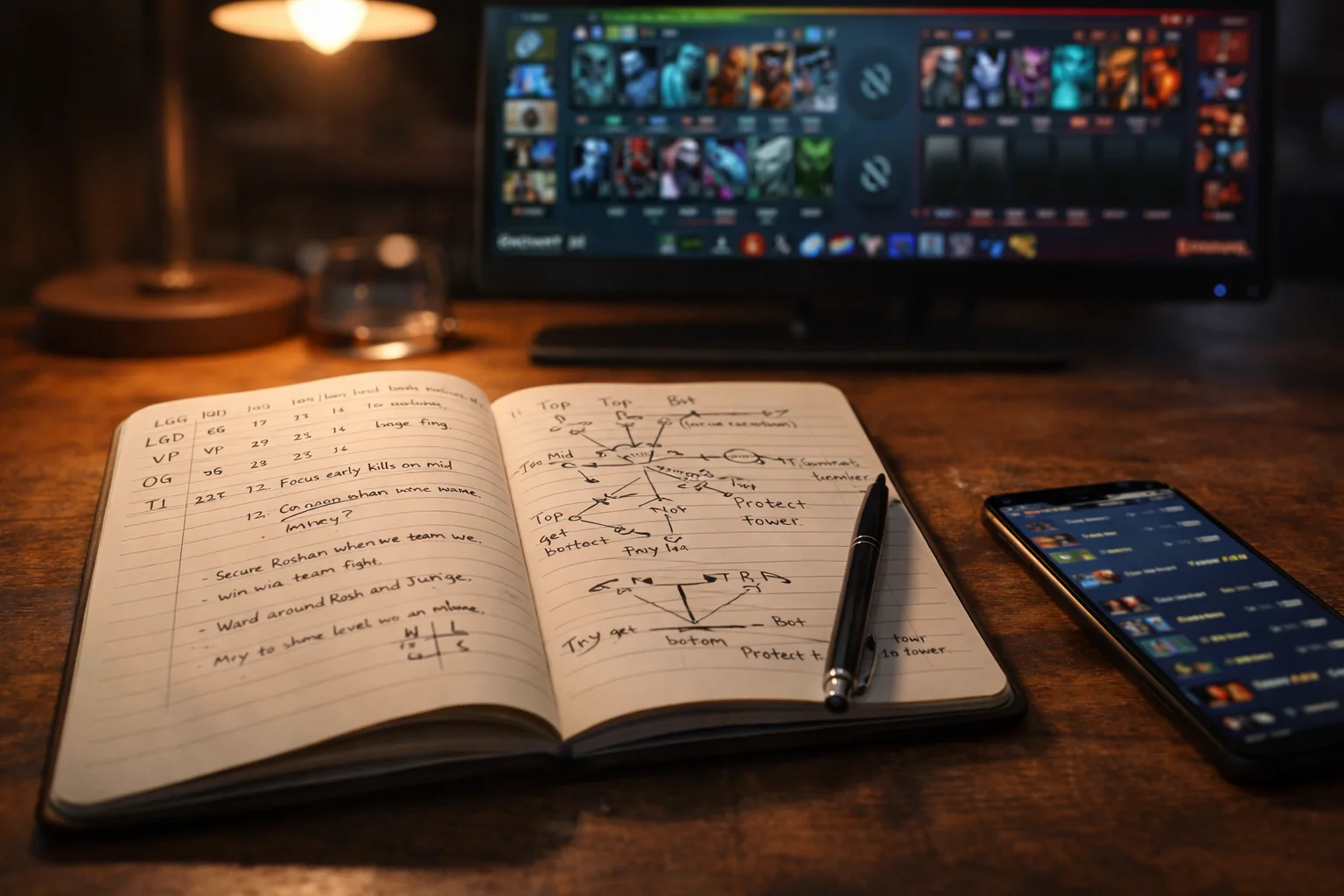 Notizbuch mit Dota 2 Wettstrategien neben einem Bildschirm mit Teamstatistiken