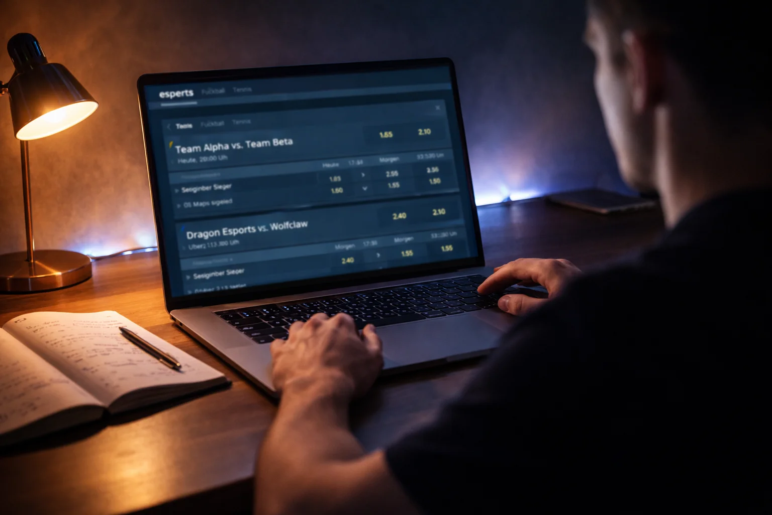 Person analysiert einen Dota 2 Wettschein mit Quoten auf einem Laptop-Bildschirm